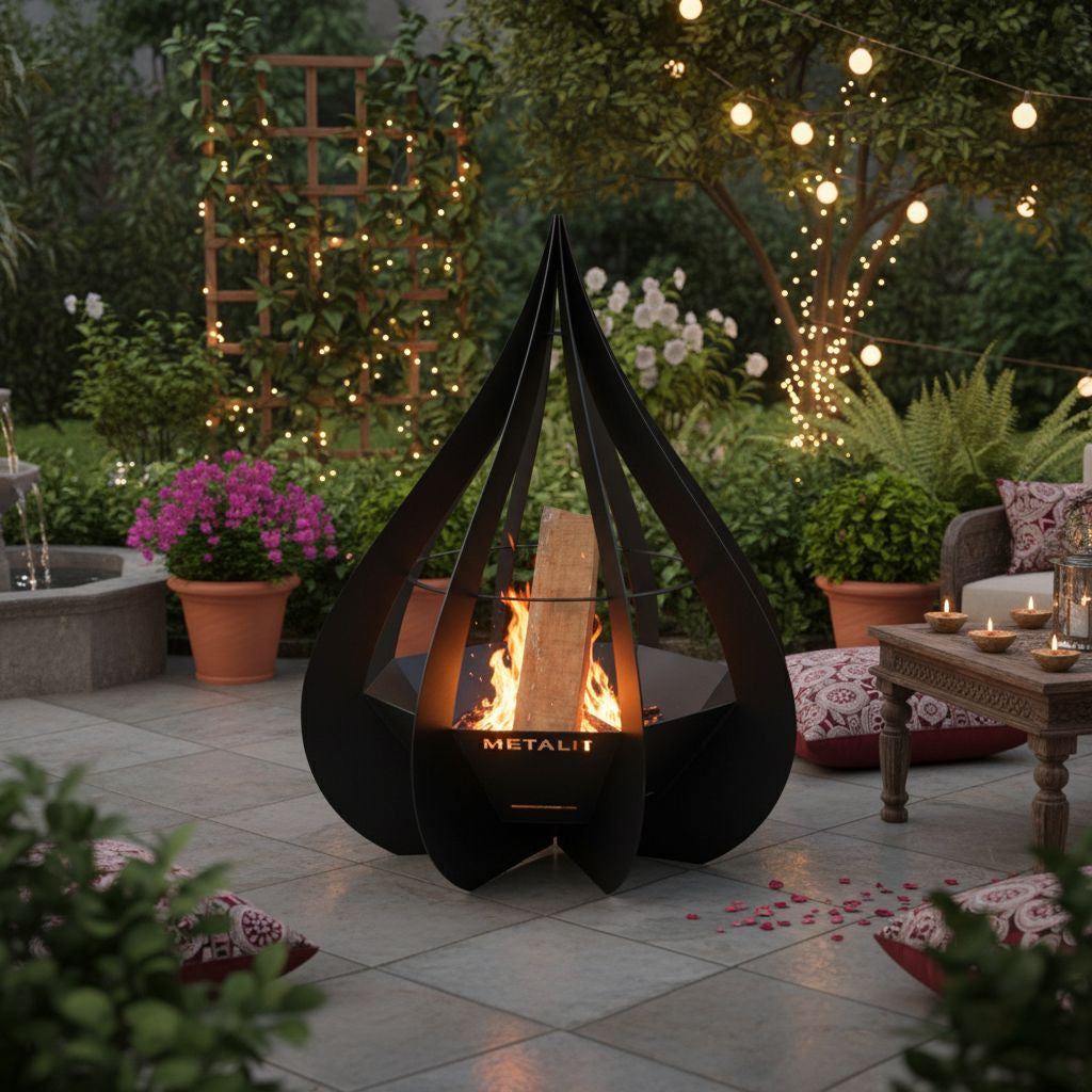 Black metal fire pit on a patio with decorative lights and plants